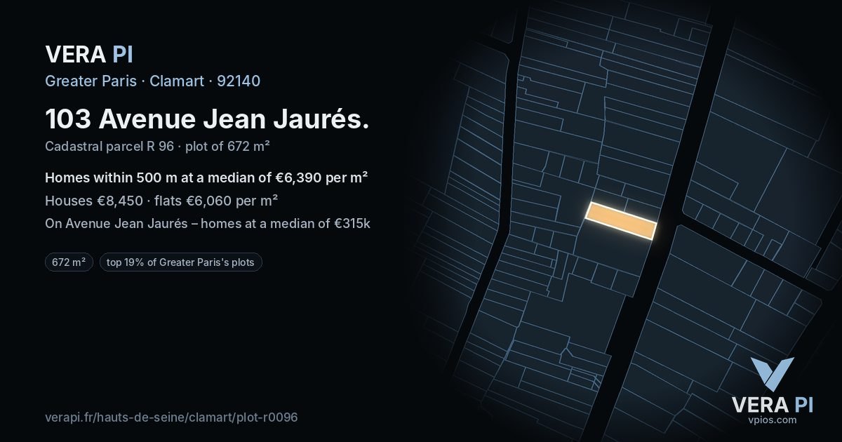 103 Avenue Jean Jaurés, Clamart at night – the plot lit, the parcels around coloured by the prices near them
