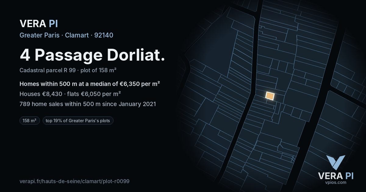 4 Passage Dorliat, Clamart at night – the plot lit, the parcels around coloured by the prices near them
