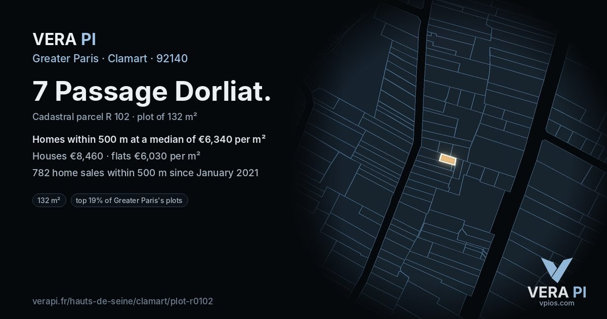 7 Passage Dorliat, Clamart at night – the plot lit, the parcels around coloured by the prices near them