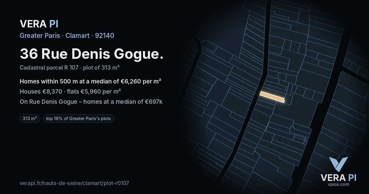 36 Rue Denis Gogue, Clamart at night – the plot lit, the parcels around coloured by the prices near them