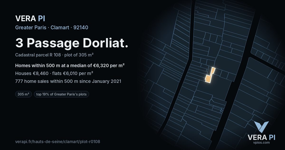 3 Passage Dorliat, Clamart at night – the plot lit, the parcels around coloured by the prices near them
