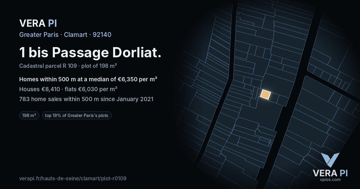 1 bis Passage Dorliat, Clamart at night – the plot lit, the parcels around coloured by the prices near them