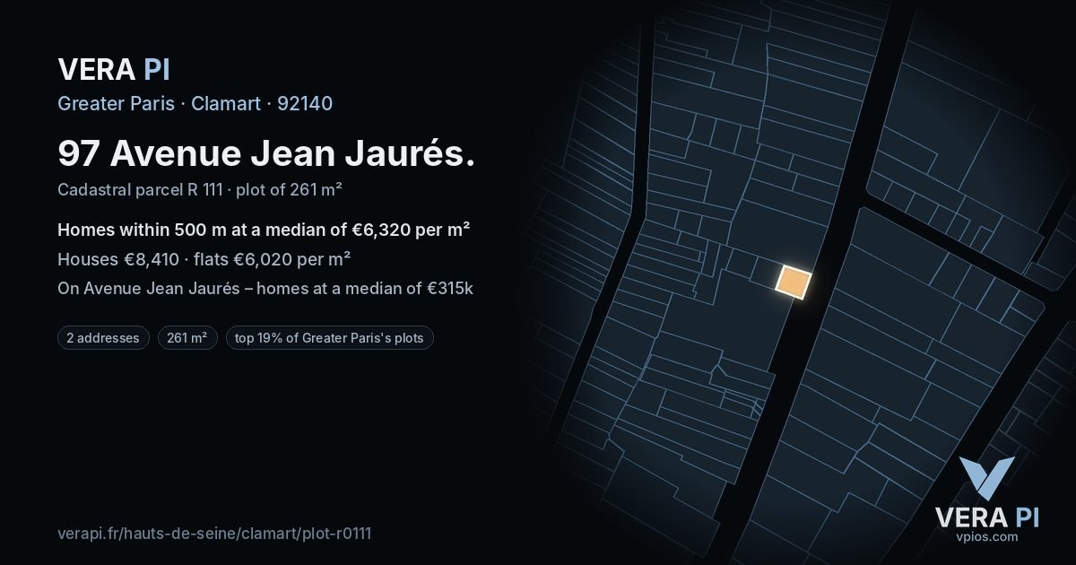 97 Avenue Jean Jaurés, Clamart at night – the plot lit, the parcels around coloured by the prices near them