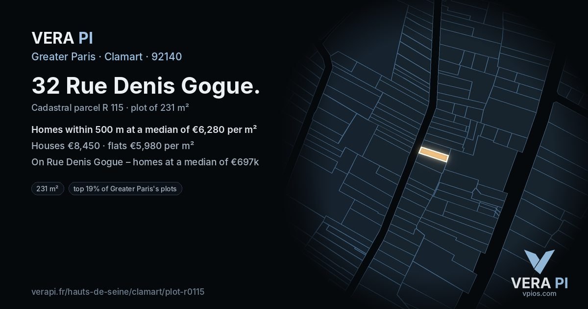32 Rue Denis Gogue, Clamart at night – the plot lit, the parcels around coloured by the prices near them
