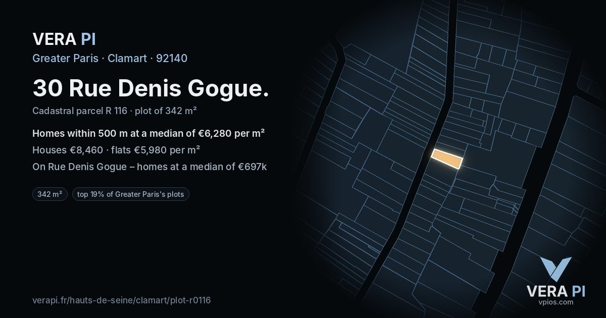 30 Rue Denis Gogue, Clamart at night – the plot lit, the parcels around coloured by the prices near them