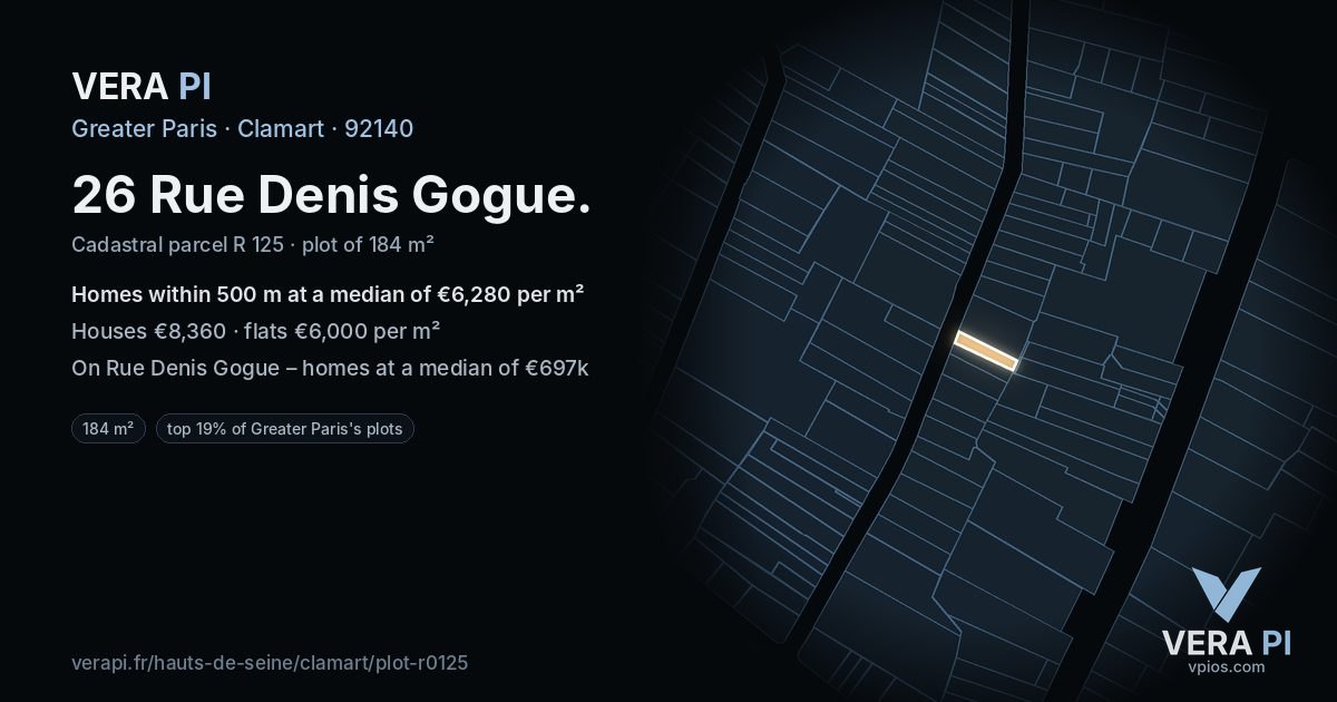 26 Rue Denis Gogue, Clamart at night – the plot lit, the parcels around coloured by the prices near them
