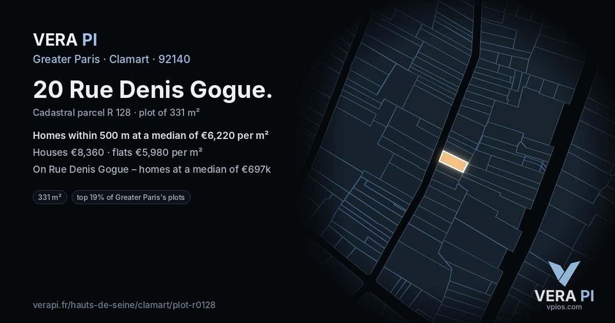 20 Rue Denis Gogue, Clamart at night – the plot lit, the parcels around coloured by the prices near them