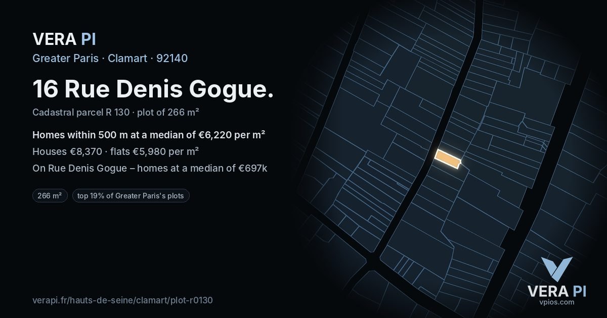 16 Rue Denis Gogue, Clamart at night – the plot lit, the parcels around coloured by the prices near them