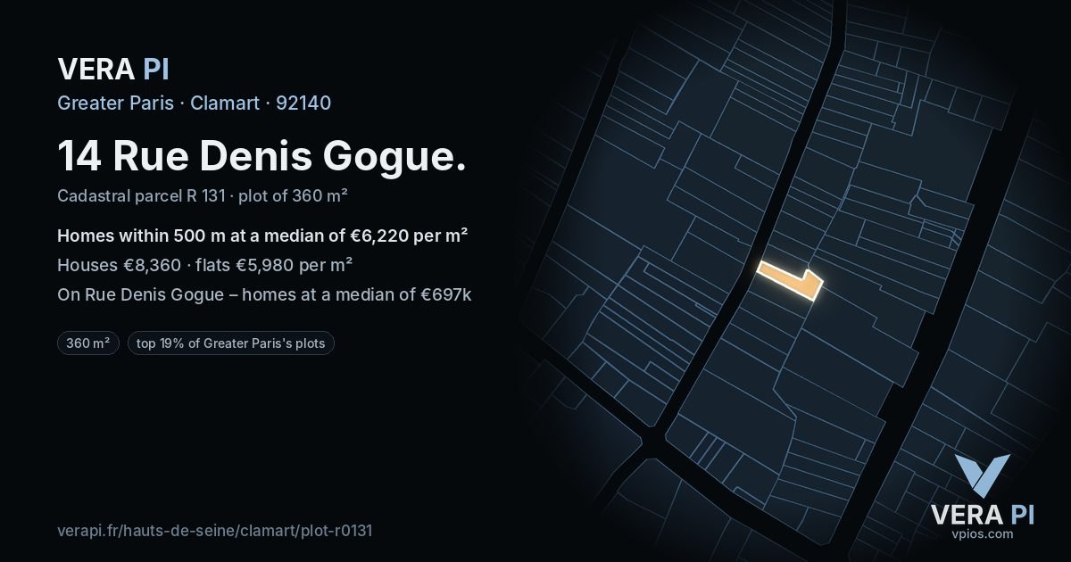 14 Rue Denis Gogue, Clamart at night – the plot lit, the parcels around coloured by the prices near them
