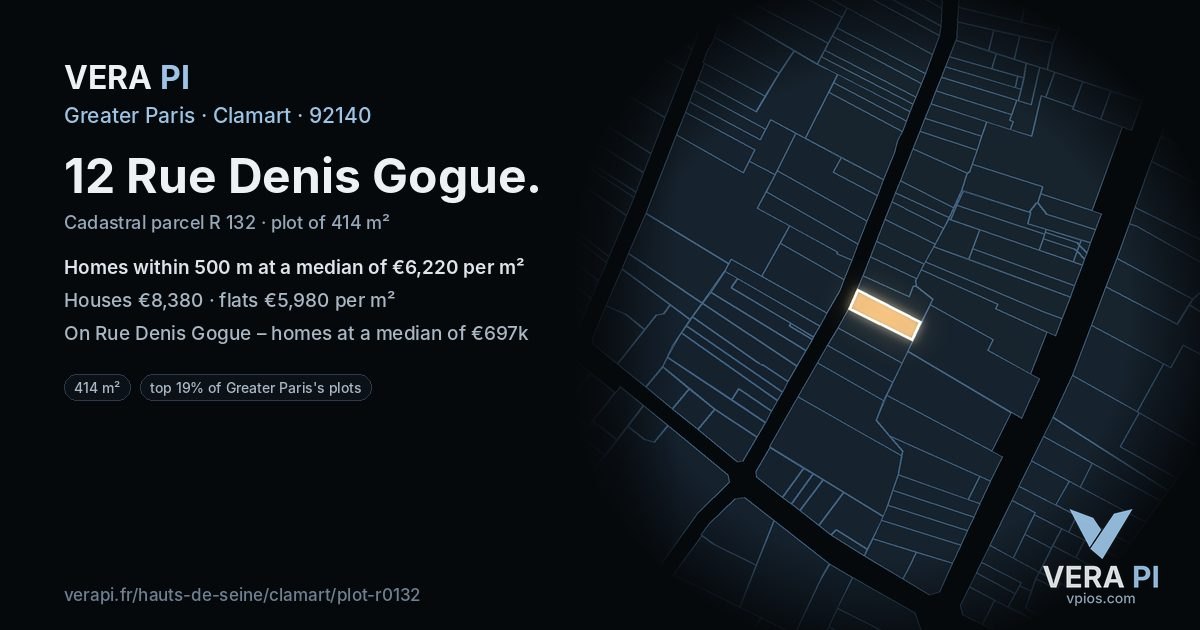 12 Rue Denis Gogue, Clamart at night – the plot lit, the parcels around coloured by the prices near them