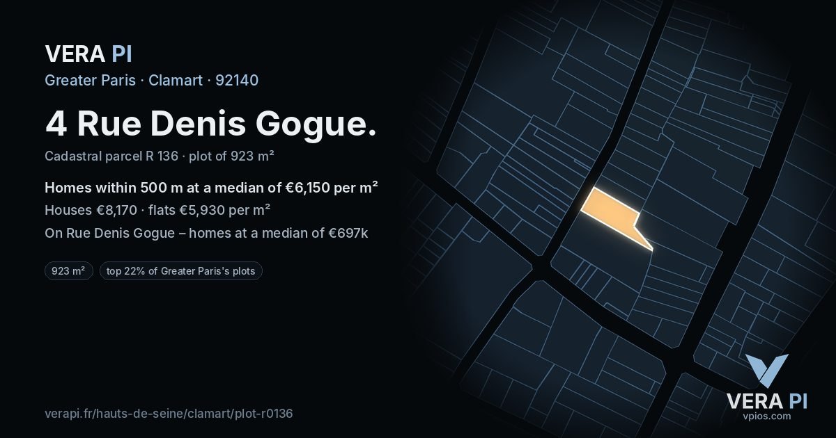 4 Rue Denis Gogue, Clamart at night – the plot lit, the parcels around coloured by the prices near them