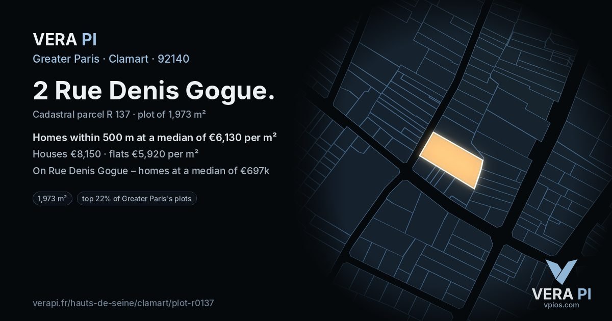 2 Rue Denis Gogue, Clamart at night – the plot lit, the parcels around coloured by the prices near them