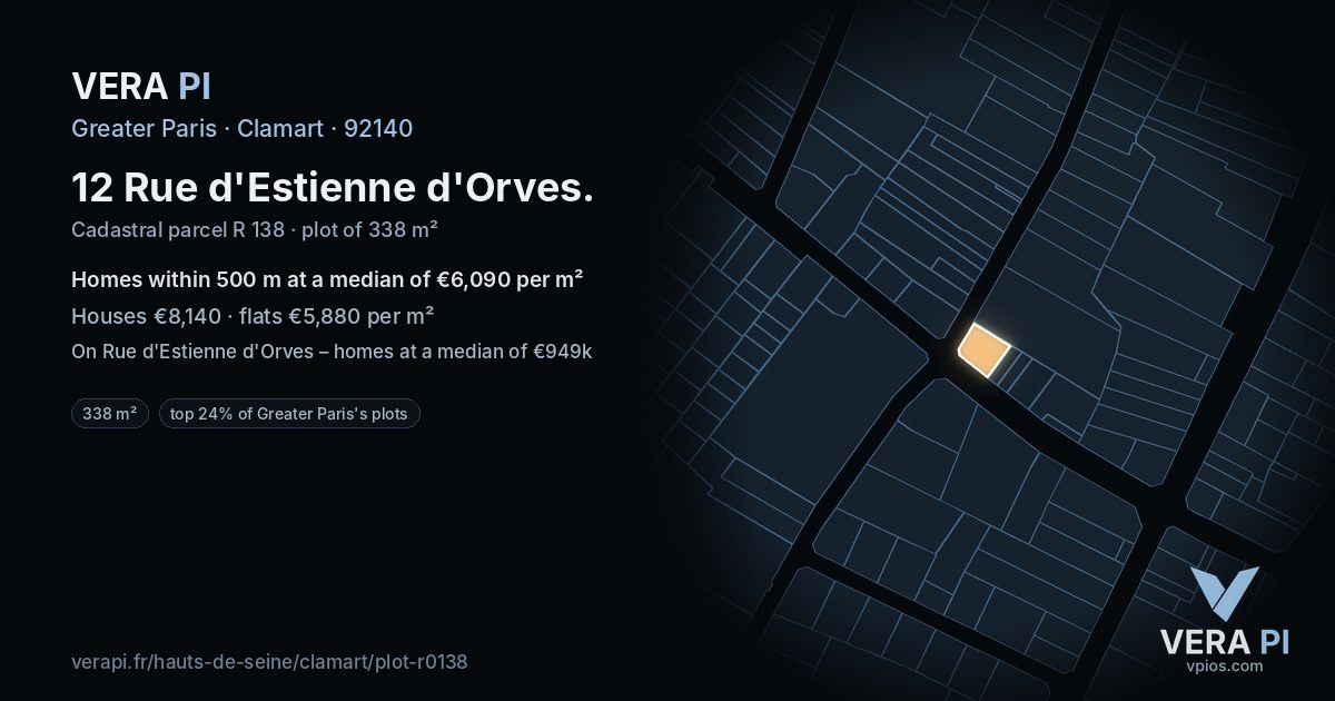 12 Rue d'Estienne d'Orves, Clamart at night – the plot lit, the parcels around coloured by the prices near them