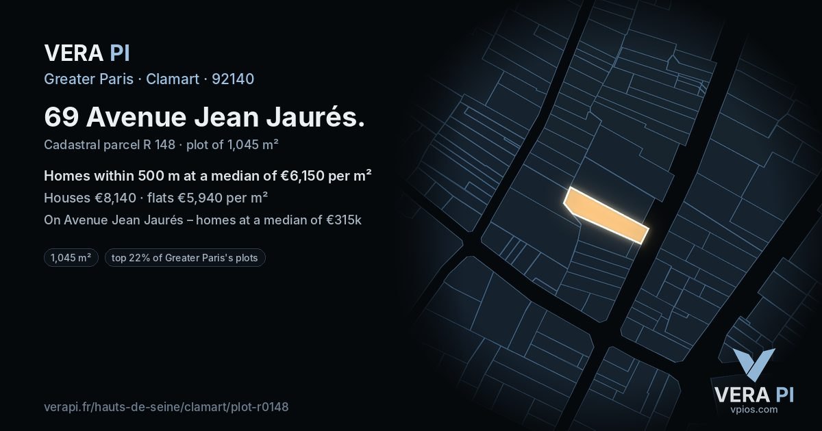 69 Avenue Jean Jaurés, Clamart at night – the plot lit, the parcels around coloured by the prices near them