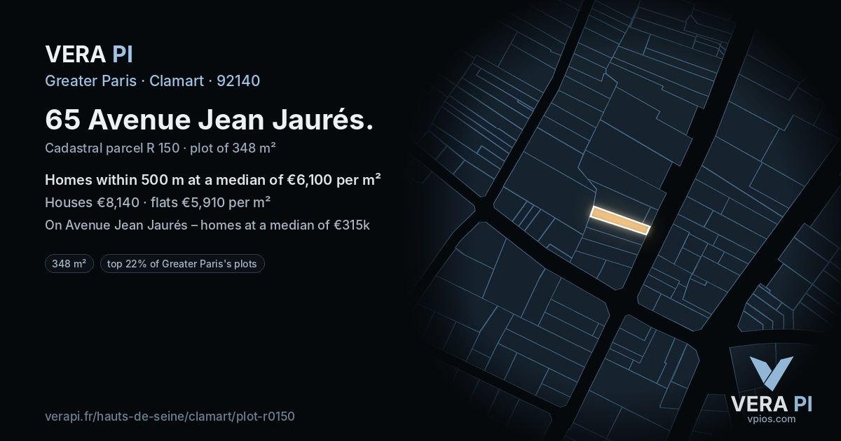65 Avenue Jean Jaurés, Clamart at night – the plot lit, the parcels around coloured by the prices near them