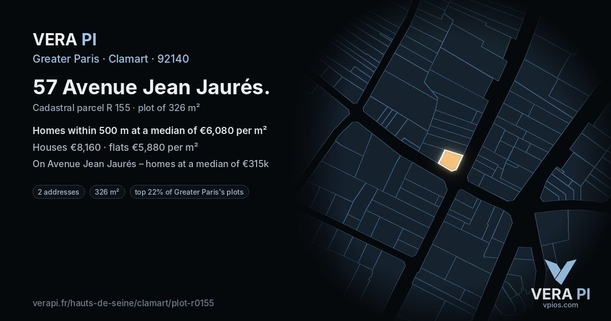 57 Avenue Jean Jaurés, Clamart at night – the plot lit, the parcels around coloured by the prices near them