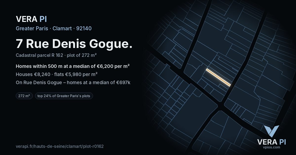 7 Rue Denis Gogue, Clamart at night – the plot lit, the parcels around coloured by the prices near them