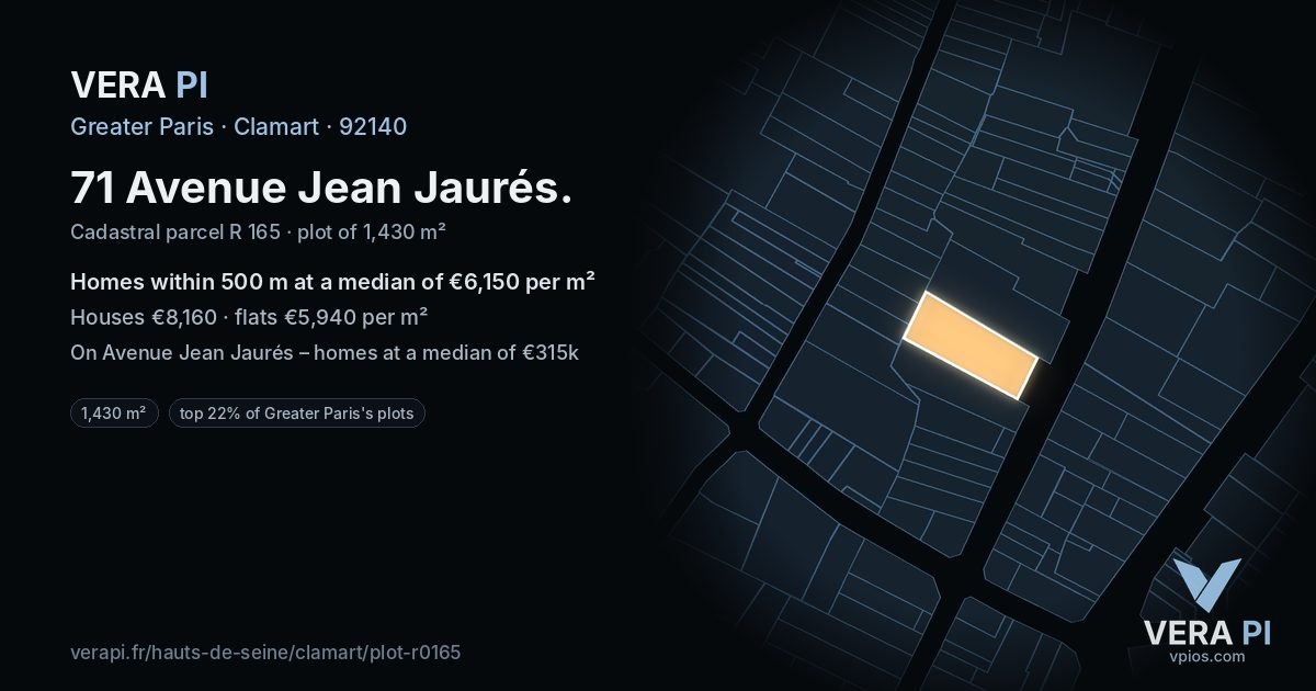 71 Avenue Jean Jaurés, Clamart at night – the plot lit, the parcels around coloured by the prices near them
