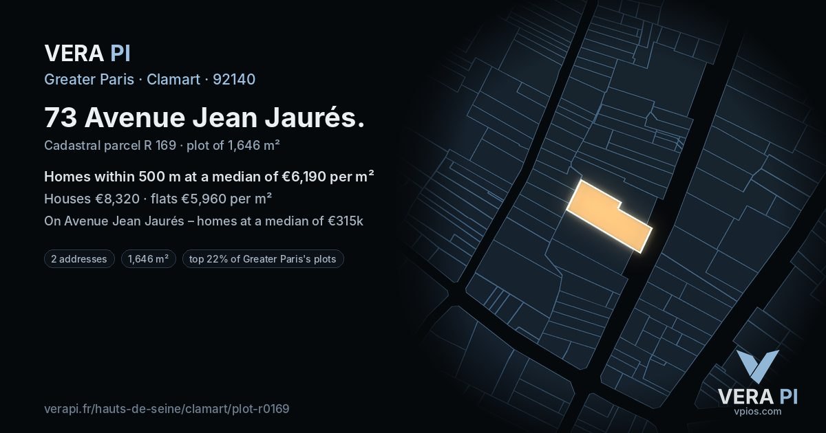 73 Avenue Jean Jaurés, Clamart at night – the plot lit, the parcels around coloured by the prices near them