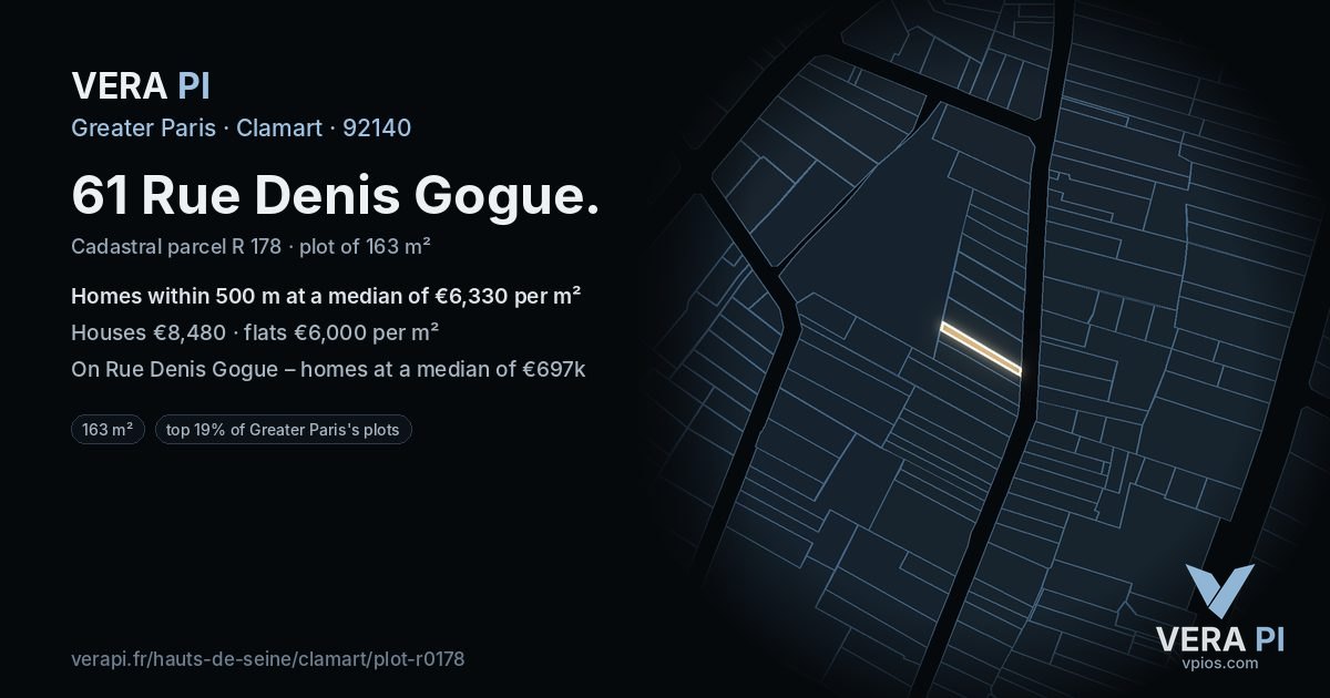 61 Rue Denis Gogue, Clamart at night – the plot lit, the parcels around coloured by the prices near them