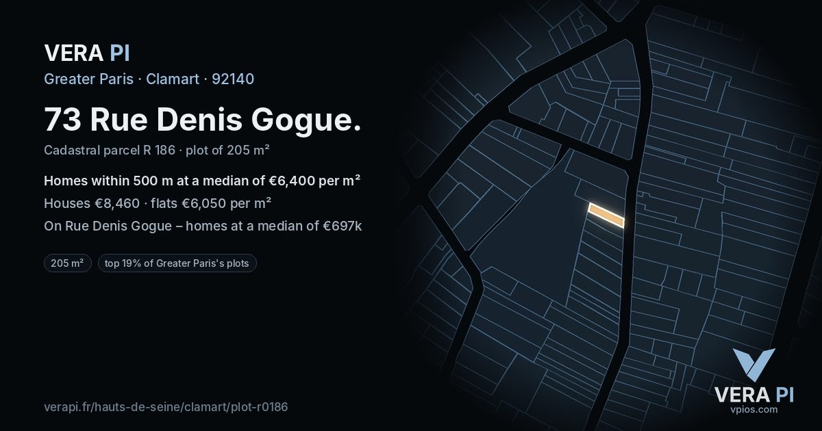 73 Rue Denis Gogue, Clamart at night – the plot lit, the parcels around coloured by the prices near them