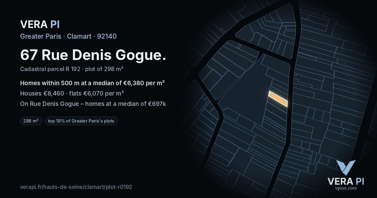 67 Rue Denis Gogue, Clamart at night – the plot lit, the parcels around coloured by the prices near them