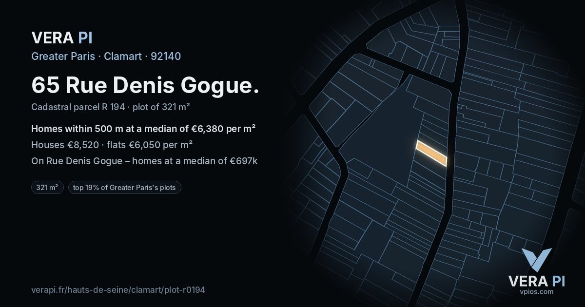 65 Rue Denis Gogue, Clamart at night – the plot lit, the parcels around coloured by the prices near them