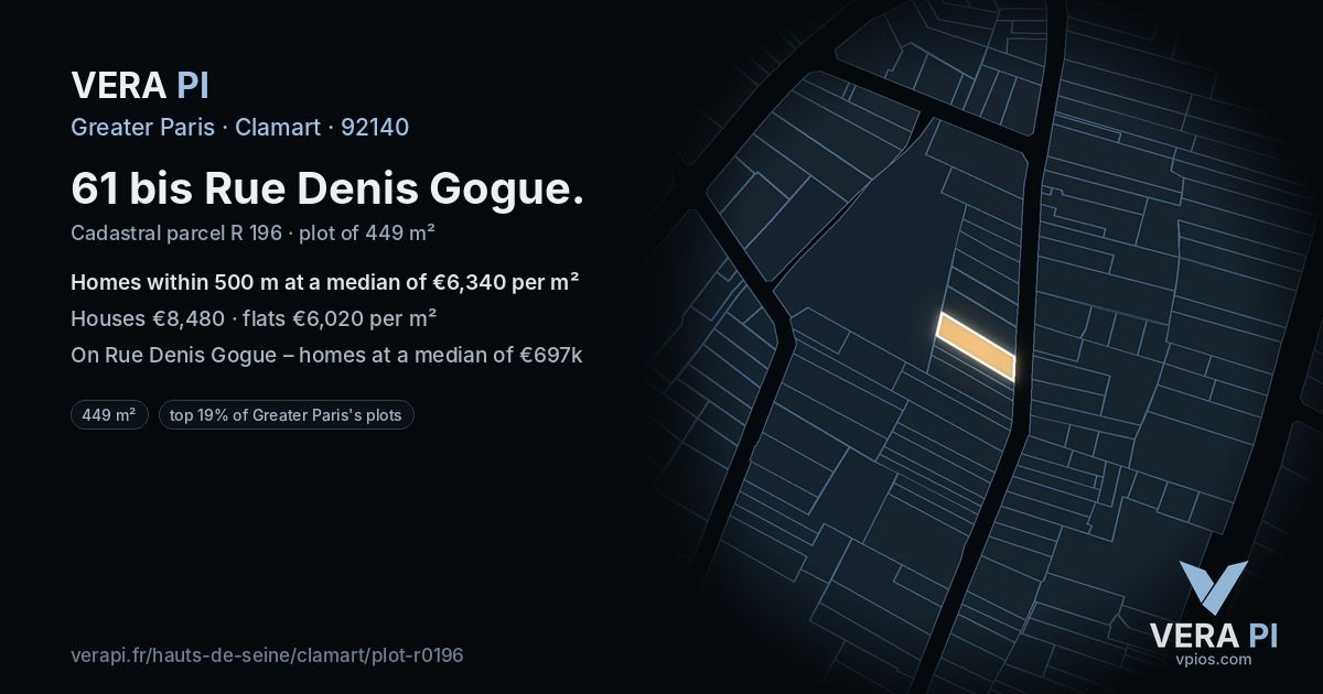 61 bis Rue Denis Gogue, Clamart at night – the plot lit, the parcels around coloured by the prices near them