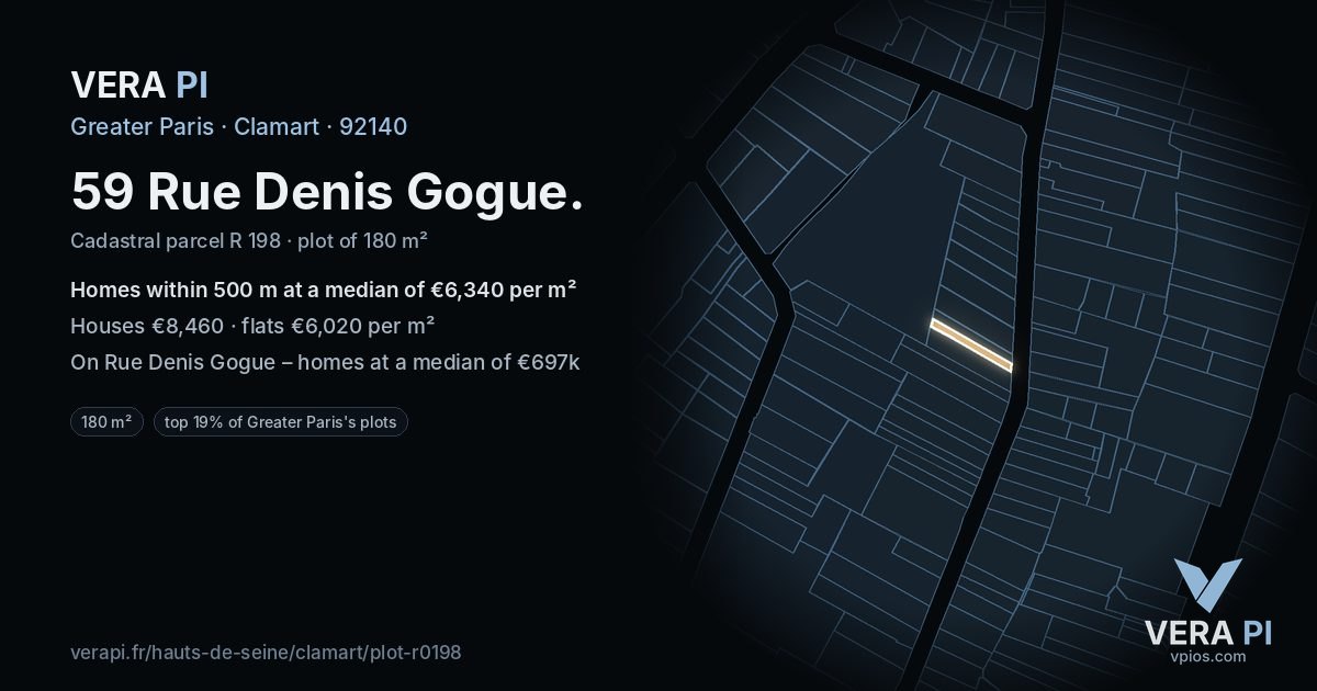 59 Rue Denis Gogue, Clamart at night – the plot lit, the parcels around coloured by the prices near them