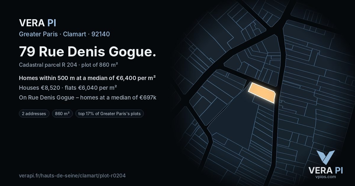 79 Rue Denis Gogue, Clamart at night – the plot lit, the parcels around coloured by the prices near them