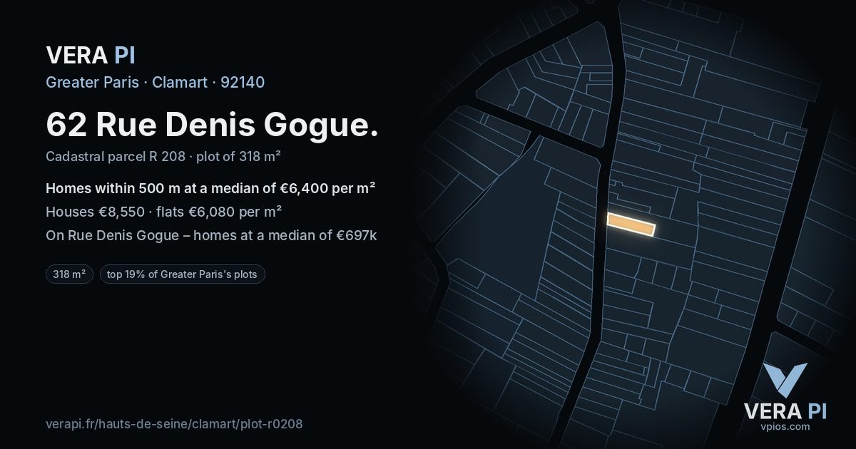 62 Rue Denis Gogue, Clamart at night – the plot lit, the parcels around coloured by the prices near them