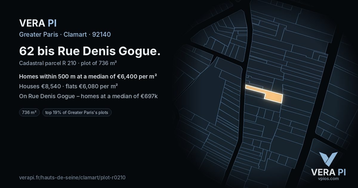 62 bis Rue Denis Gogue, Clamart at night – the plot lit, the parcels around coloured by the prices near them