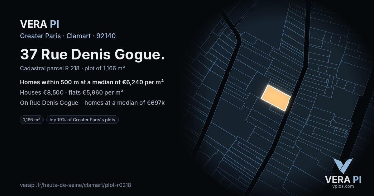 37 Rue Denis Gogue, Clamart at night – the plot lit, the parcels around coloured by the prices near them