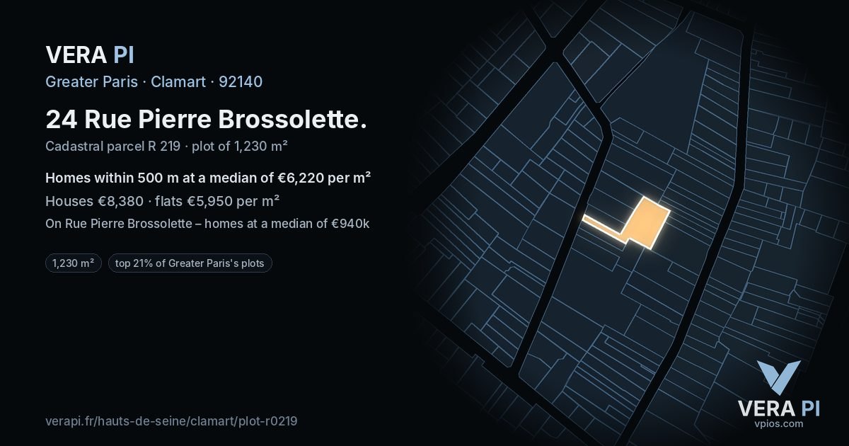24 Rue Pierre Brossolette, Clamart at night – the plot lit, the parcels around coloured by the prices near them