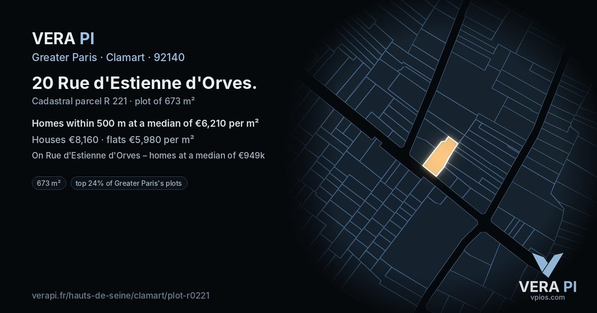 20 Rue d'Estienne d'Orves, Clamart at night – the plot lit, the parcels around coloured by the prices near them