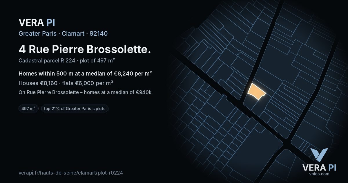 4 Rue Pierre Brossolette, Clamart at night – the plot lit, the parcels around coloured by the prices near them