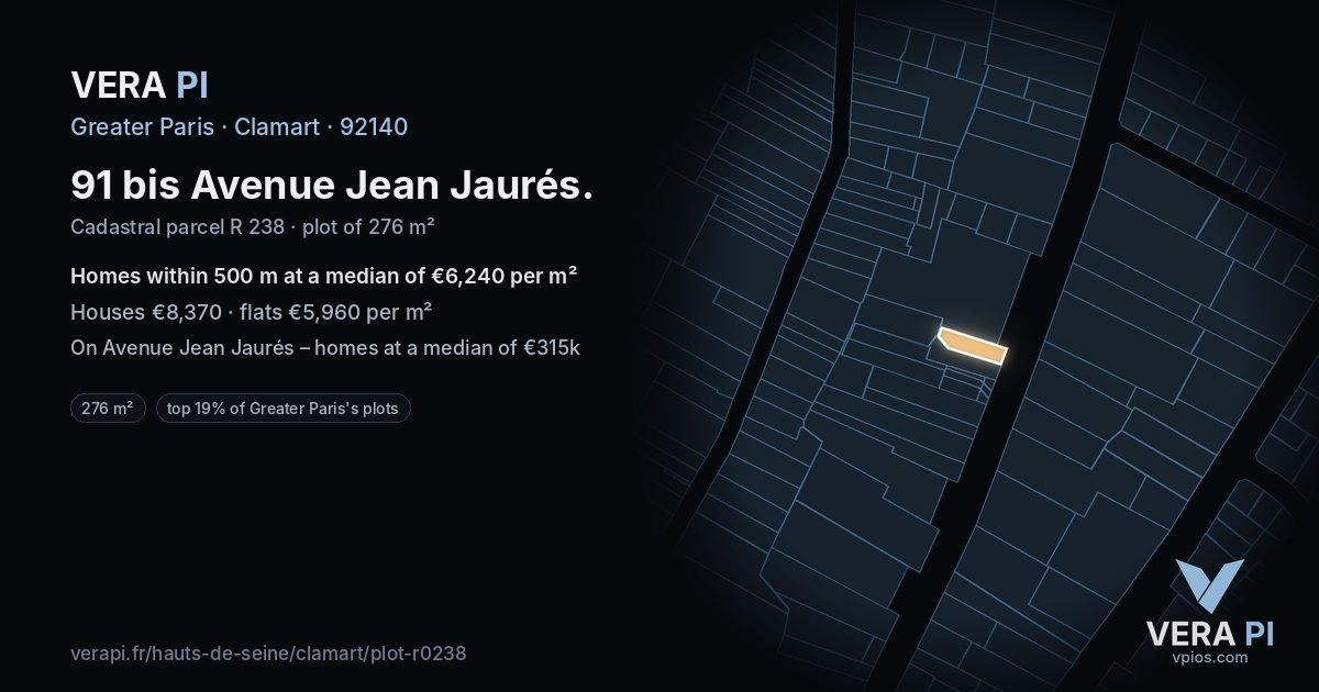 91 bis Avenue Jean Jaurés, Clamart at night – the plot lit, the parcels around coloured by the prices near them