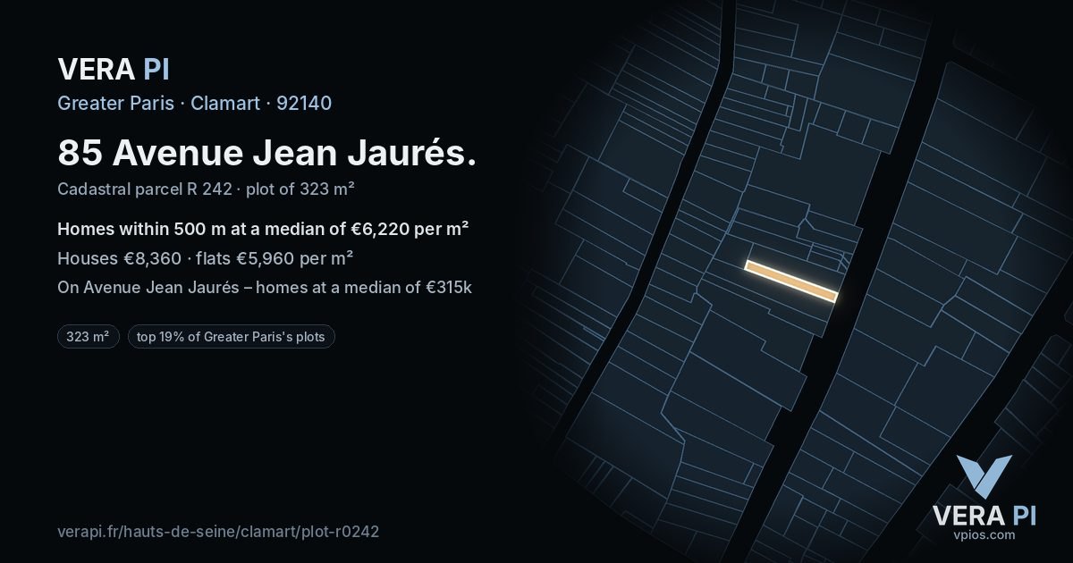 85 Avenue Jean Jaurés, Clamart at night – the plot lit, the parcels around coloured by the prices near them