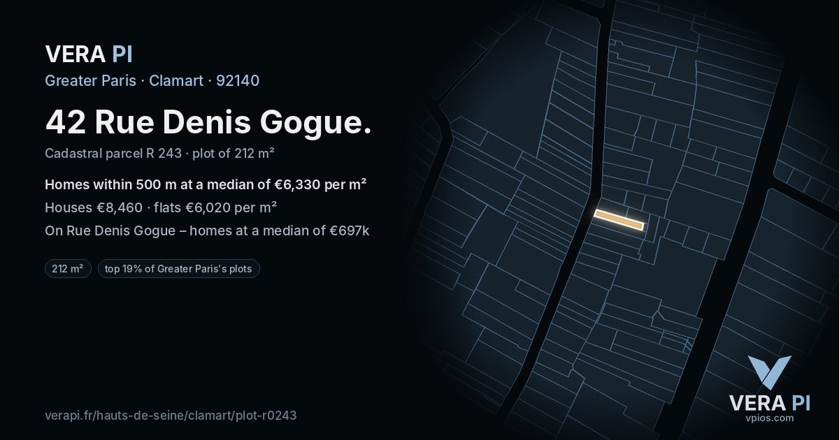 42 Rue Denis Gogue, Clamart at night – the plot lit, the parcels around coloured by the prices near them