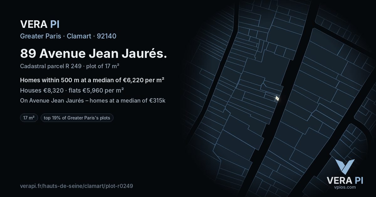 89 Avenue Jean Jaurés, Clamart at night – the plot lit, the parcels around coloured by the prices near them