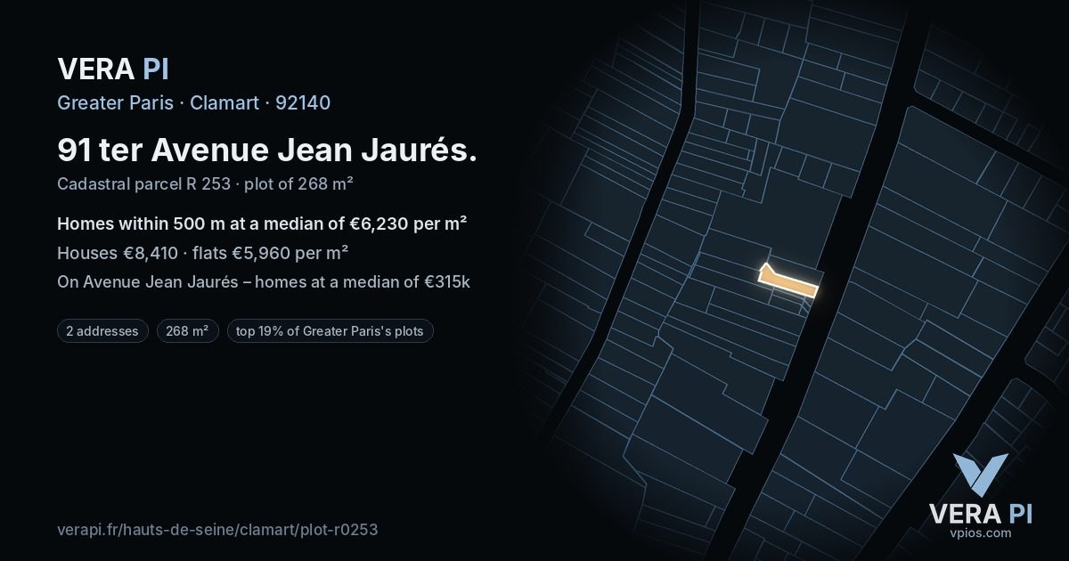 91 ter Avenue Jean Jaurés, Clamart at night – the plot lit, the parcels around coloured by the prices near them
