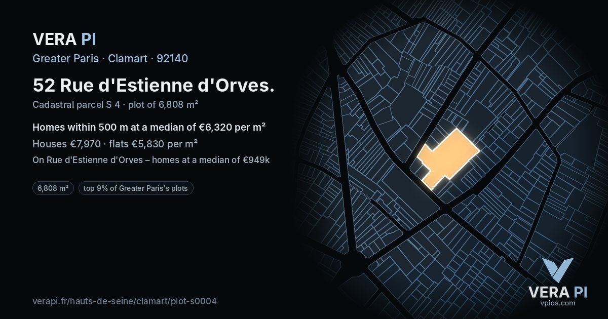 52 Rue d'Estienne d'Orves, Clamart at night – the plot lit, the parcels around coloured by the prices near them