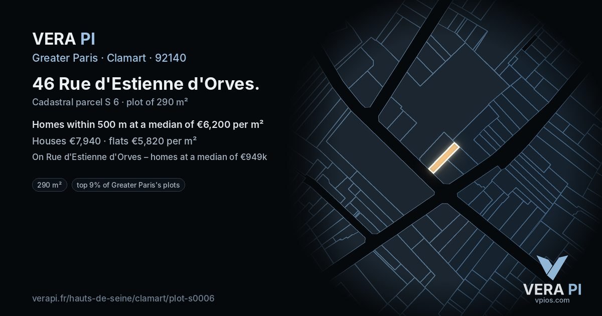 46 Rue d'Estienne d'Orves, Clamart at night – the plot lit, the parcels around coloured by the prices near them