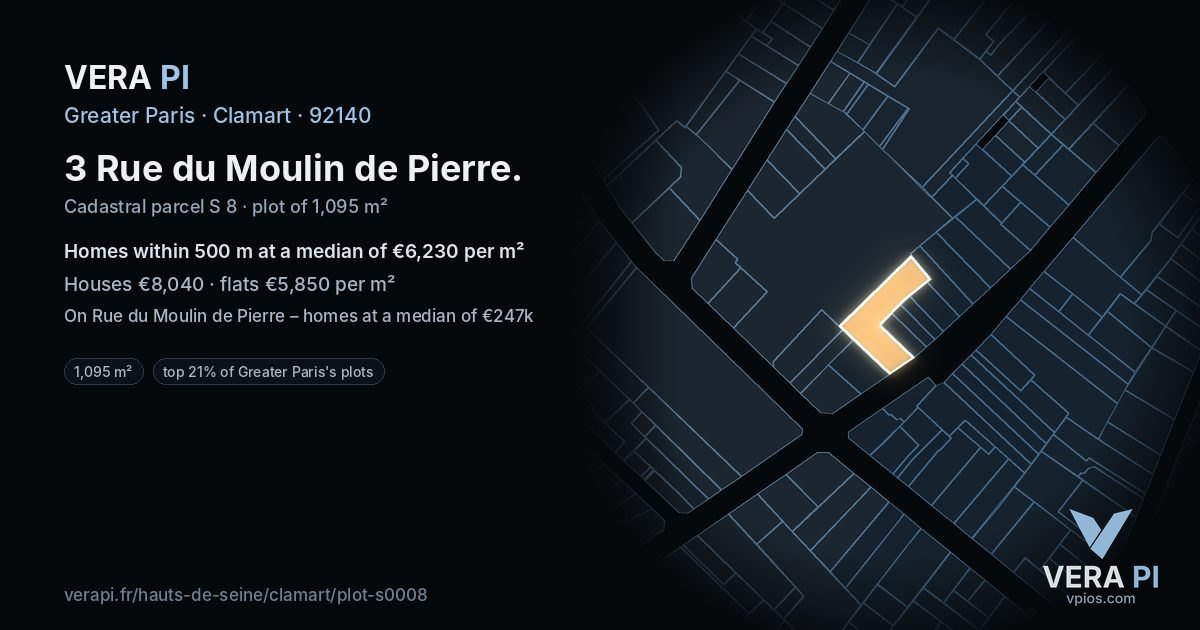 3 Rue du Moulin de Pierre, Clamart at night – the plot lit, the parcels around coloured by the prices near them