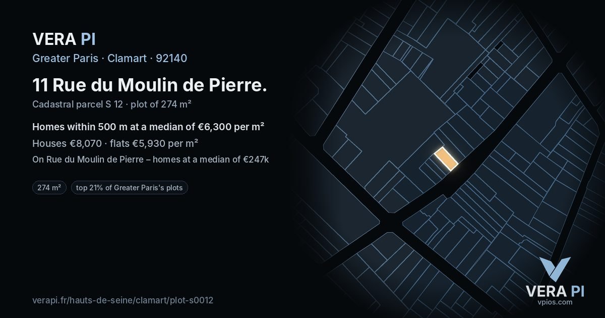 11 Rue du Moulin de Pierre, Clamart at night – the plot lit, the parcels around coloured by the prices near them