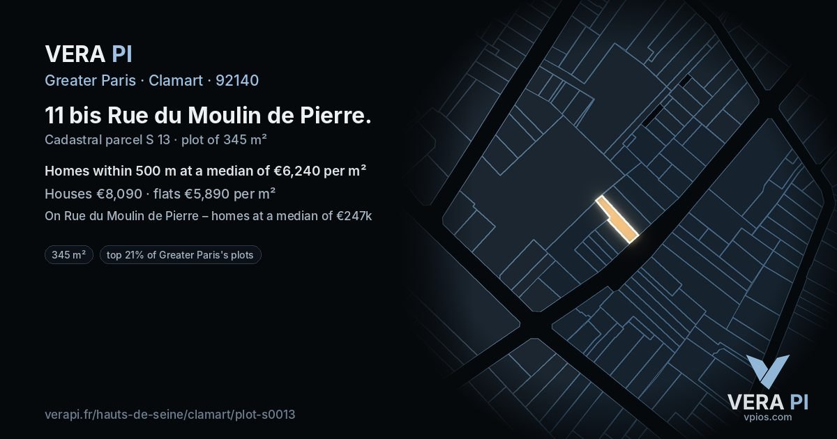 11 bis Rue du Moulin de Pierre, Clamart at night – the plot lit, the parcels around coloured by the prices near them