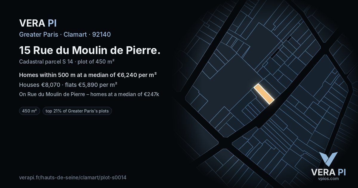 15 Rue du Moulin de Pierre, Clamart at night – the plot lit, the parcels around coloured by the prices near them