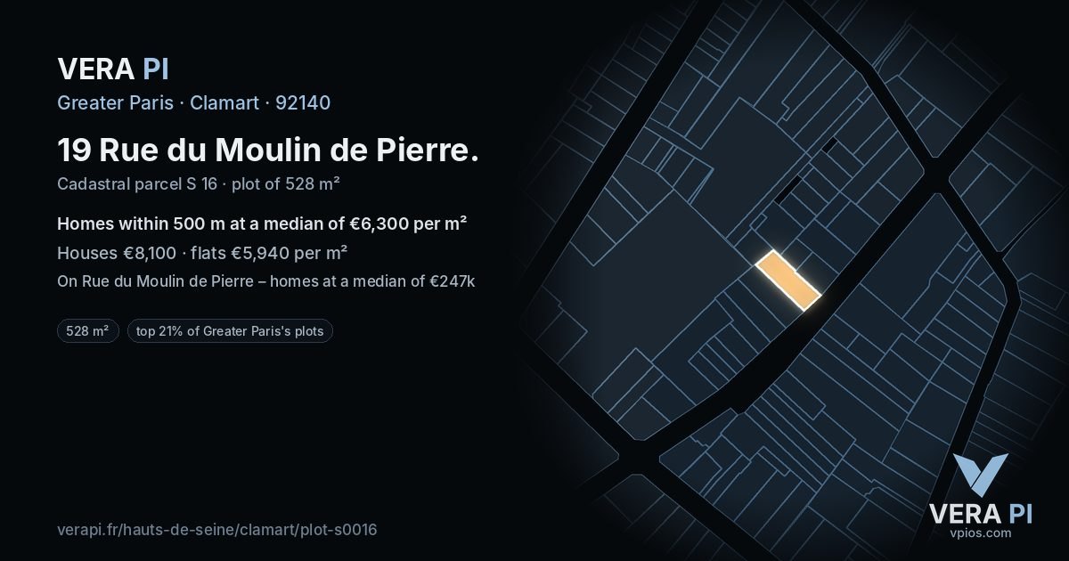 19 Rue du Moulin de Pierre, Clamart at night – the plot lit, the parcels around coloured by the prices near them
