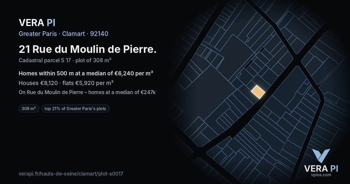 21 Rue du Moulin de Pierre, Clamart at night – the plot lit, the parcels around coloured by the prices near them