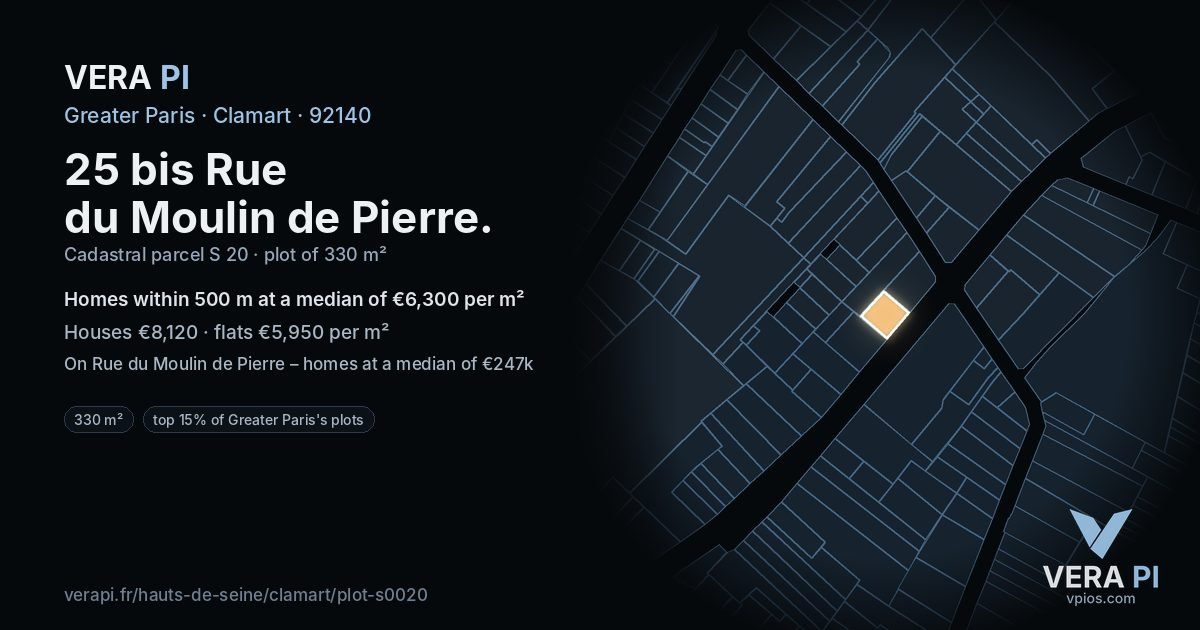 25 bis Rue du Moulin de Pierre, Clamart at night – the plot lit, the parcels around coloured by the prices near them